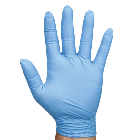 Hand wearing Coburn Blue Nitrile Glove