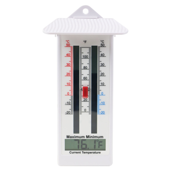 Plastic Mercury-Free Digital Thermometer shows minimum-maximum and current temperatures on both the Celsius and Fahrenheit scale.